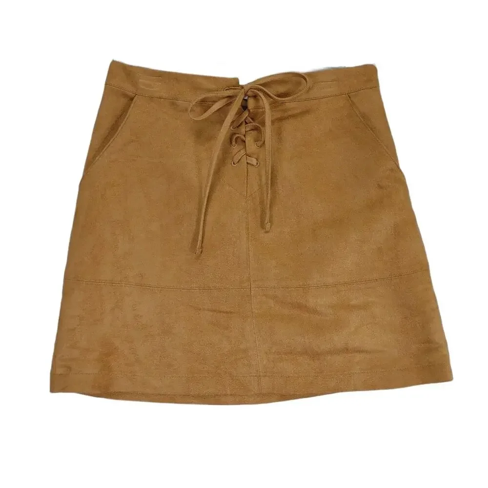 Lauren Conrad Sz 2 Lace-Up Tie Front Tan Faux Suede Mini Skirt Pockets Peasant